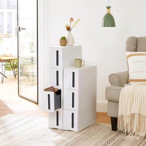 SONGMICS Műanyag Tároló Fiókok, Keskeny Tárolókocsi Kerekeken, 4-Fiókos Tárolótorony