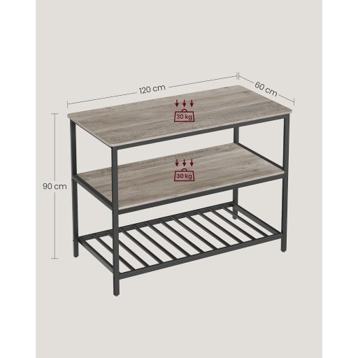 VASAGLE Konyhasziget 3 Polccal, 120 cm Konyhai Polc Nagy Munkalappal, Stabil Acélszerkezet, Ipari