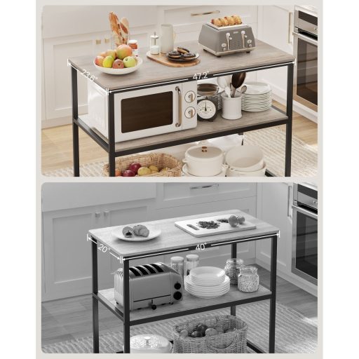 VASAGLE Konyhasziget 3 Polccal, 120 cm Konyhai Polc Nagy Munkalappal, Stabil Acélszerkezet, Ipari