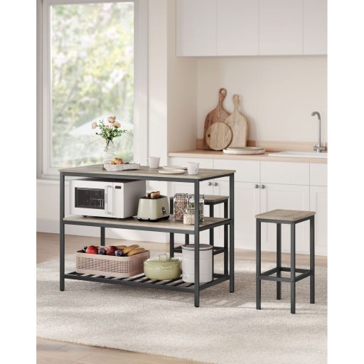 VASAGLE Konyhasziget 3 Polccal, 120 cm Konyhai Polc Nagy Munkalappal, Stabil Acélszerkezet, Ipari