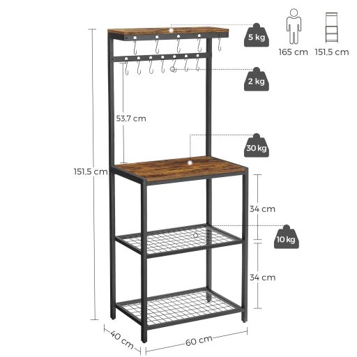 VASAGLE Konyhai Tároló Egység, Polc Rendező és Pékállvány Tároló Polcokkal, 12