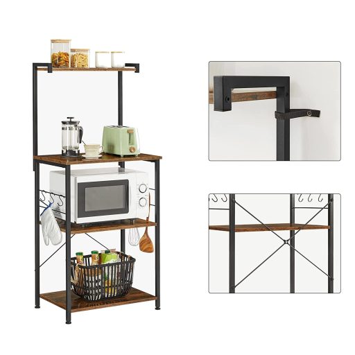 VASAGLE Konyhai Állvány 3 Szintes Állvány 6 S-alakú Kampóval Ipari Dizájn Mikrohullámú