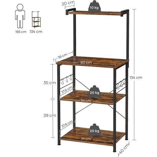 VASAGLE Konyhai Állvány 3 Szintes Állvány 6 S-alakú Kampóval Ipari Dizájn Mikrohullámú