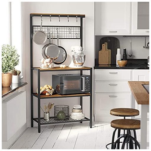 VASAGLE ipari konyhai sütőállvány, konyhai egység tároló polcokkal, 10 kampóval és fém