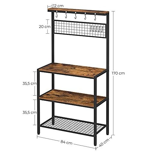 VASAGLE ipari konyhai sütőállvány, konyhai egység tároló polcokkal, 10 kampóval és fém