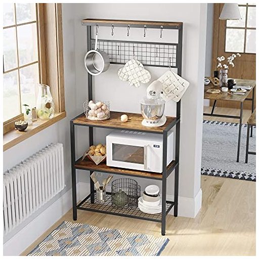 VASAGLE ipari konyhai sütőállvány, konyhai egység tároló polcokkal, 10 kampóval és fém