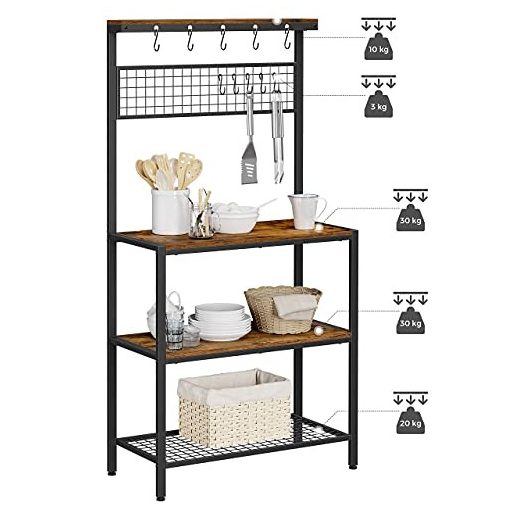 VASAGLE ipari konyhai sütőállvány, konyhai egység tároló polcokkal, 10 kampóval és fém