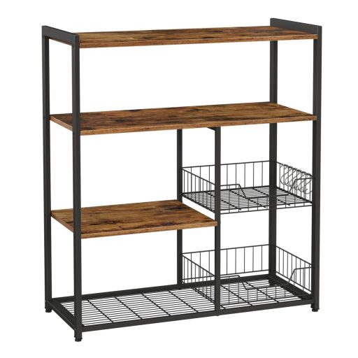 VASAGLE Sütőállvány, Konyhasziget 2 fém hálós kosárral, Polcokkal és Akasztókkal, 80 x 35