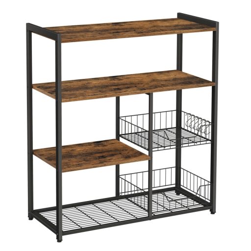 VASAGLE Sütőállvány, Konyhasziget 2 fém hálós kosárral, Polcokkal és Akasztókkal, 80 x 35