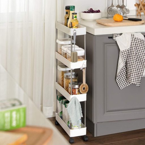 SONGMICS 4 szintes tárolókocsi kerekeken, műanyag tárolóegység, helytakarékos polcos rendező