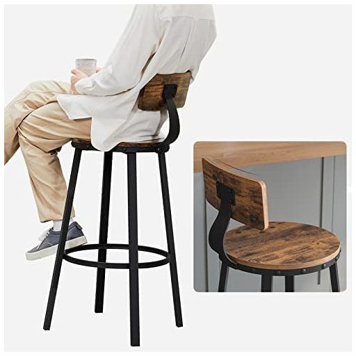 VASAGLE Bárszékek, Konyhai Székek, 2 db Magas Bárszék Háttámlával, Acél Keret, 73 cm Magas