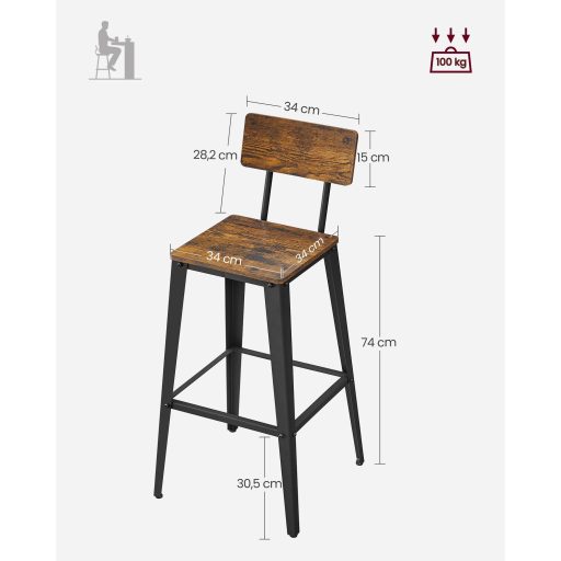 VASAGLE LBC078B01 2 darabos bárszék szett, háttámlás konyhai székek, acél váz, könnyű