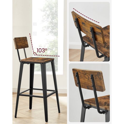 VASAGLE LBC078B01 2 darabos bárszék szett, háttámlás konyhai székek, acél váz, könnyű