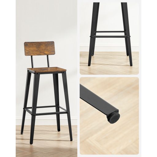 VASAGLE LBC078B01 2 darabos bárszék szett, háttámlás konyhai székek, acél váz, könnyű