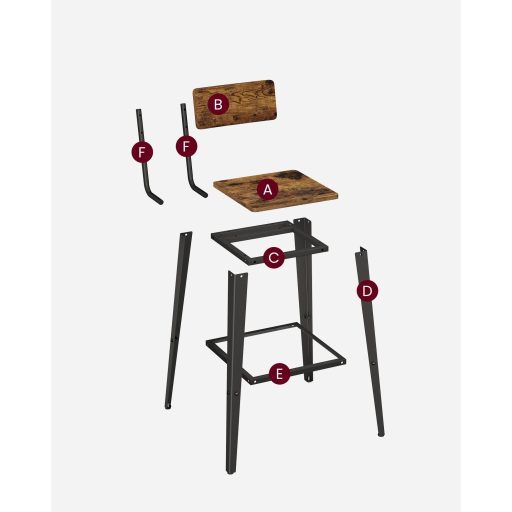 VASAGLE LBC078B01 2 darabos bárszék szett, háttámlás konyhai székek, acél váz, könnyű