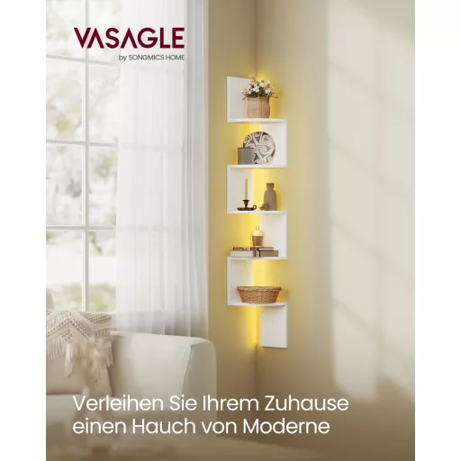 Fali sarokpolc RGB LED világítással, 5 szintes, matt fehér