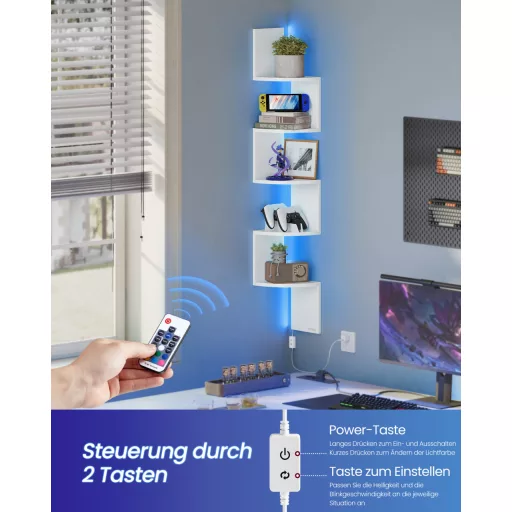 Fali sarokpolc RGB LED világítással, 5 szintes, matt fehér