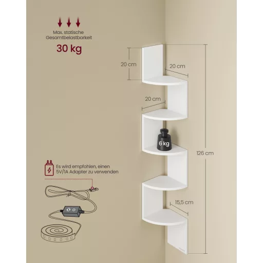 Fali sarokpolc RGB LED világítással, 5 szintes, matt fehér