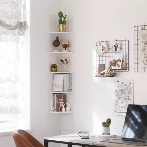 VASAGLE Sarokpolc, 5 szintes Lebegő Fali Polc Cikkcakk Dizájnnal, Könyvespolc, Fehér LBC20WT