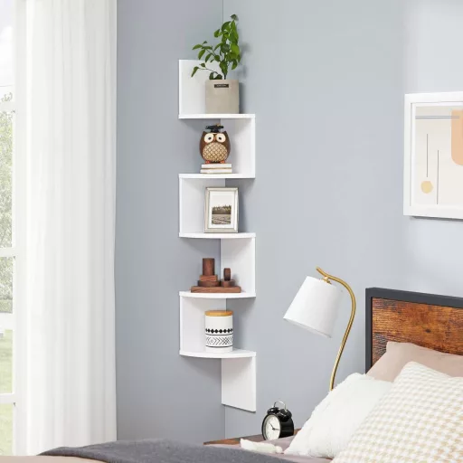 VASAGLE Sarokpolc, 5 szintes Lebegő Fali Polc Cikkcakk Dizájnnal, Könyvespolc, Fehér LBC20WT