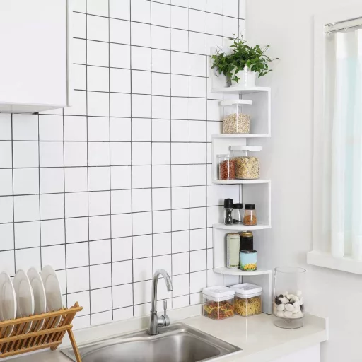 VASAGLE Sarokpolc, 5 szintes Lebegő Fali Polc Cikkcakk Dizájnnal, Könyvespolc, Fehér LBC20WT