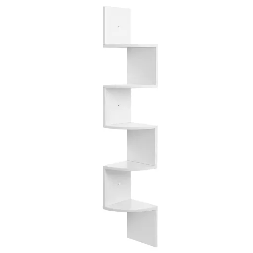 VASAGLE Sarokpolc, 5 szintes Lebegő Fali Polc Cikkcakk Dizájnnal, Könyvespolc, Fehér LBC20WT