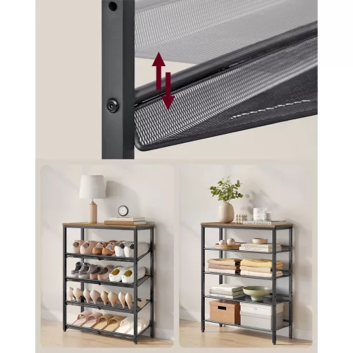 Cipőtároló polc, 5 szintes, állítható hálós polcokkal, mézbarna és fekete 75x28x93cm