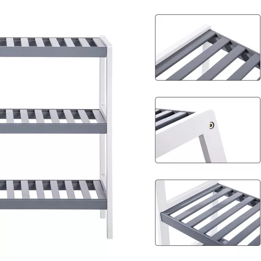 SONGMICS Cipőtartó, 3 polcos cipőtartó természetes bambuszból, fehér/szürke, 70 x 26 x 55 cm