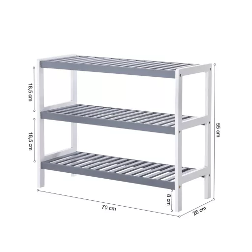 SONGMICS Cipőtartó, 3 polcos cipőtartó természetes bambuszból, fehér/szürke, 70 x 26 x 55 cm