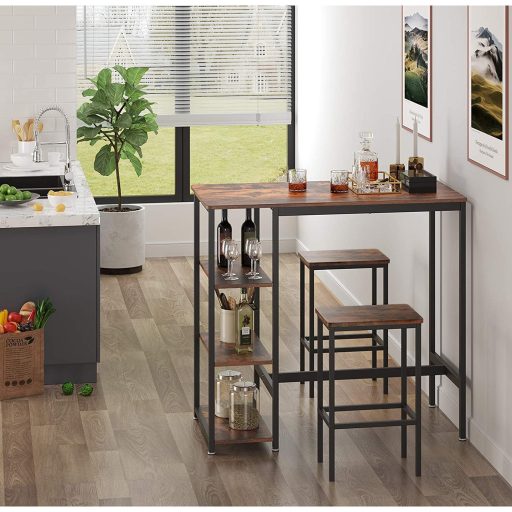 VASAGLE Bárasztal, Konyhaasztal, Étkezőasztal 3 Polccal, Stabil Acélszerkezet, Bárhoz,