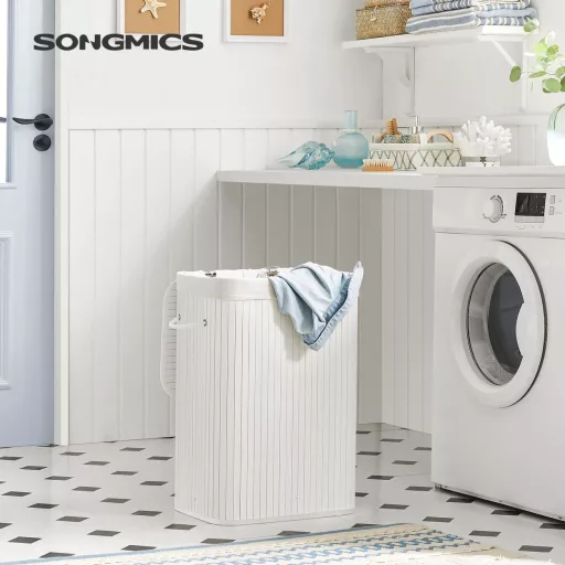 SONGMICS Bambusz Szennyestartó, 72L Összecsukható Szennyestartó, Téglalap Alakú Tároló