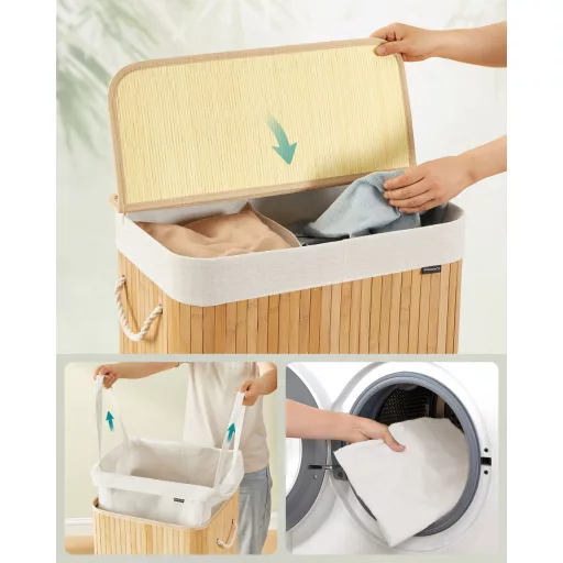 Bambusz szennyeskosár 100L, 2 rekeszes, kivehető zsákkal, natúr