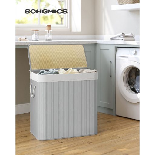 SONGMICS Szennyestartó Kosár 3 Rekesszel, Rákapcsolható Fedéllel és Fogantyúkkal, 150L