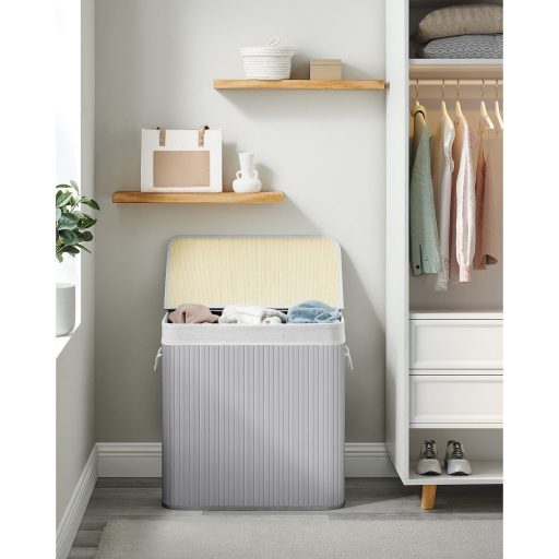 SONGMICS Szennyestartó Kosár 3 Rekesszel, Rákapcsolható Fedéllel és Fogantyúkkal, 150L