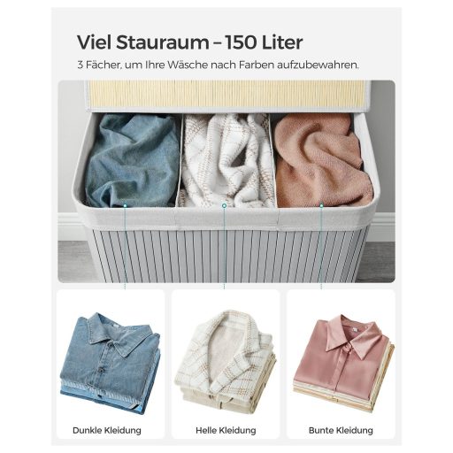 SONGMICS Szennyestartó Kosár 3 Rekesszel, Rákapcsolható Fedéllel és Fogantyúkkal, 150L