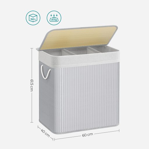 SONGMICS Szennyestartó Kosár 3 Rekesszel, Rákapcsolható Fedéllel és Fogantyúkkal, 150L