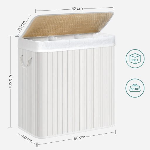 SONGMICS Szennyestartó Kosár 3 Rekesszel, Ráhajtható Fedéllel és Fogantyúkkal, 150L