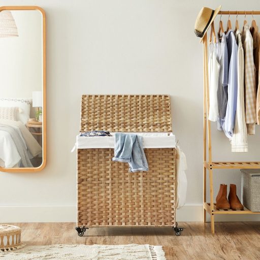 SONGMICS Szennyestartó Kosár, Kézzel Szőtt Szennyestartó, 140L Rattan Stílusú Mosókosár 3