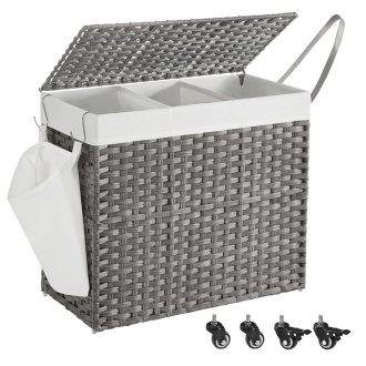 SONGMICS Szennyestartó Fedéllel, 160 L, Szennyestartó, 3 Rekesszel, Szennyesszortírozó