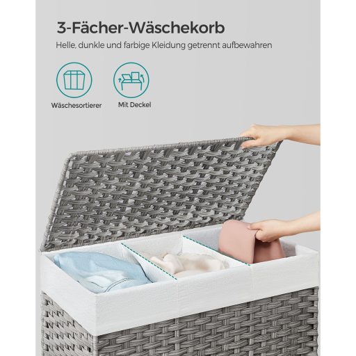 SONGMICS Szennyestartó Fedéllel, 160 L, Szennyestartó, 3 Rekesszel, Szennyesszortírozó