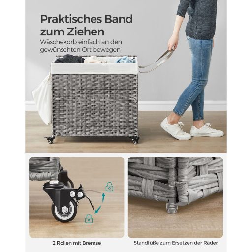 SONGMICS Szennyestartó Fedéllel, 160 L, Szennyestartó, 3 Rekesszel, Szennyesszortírozó