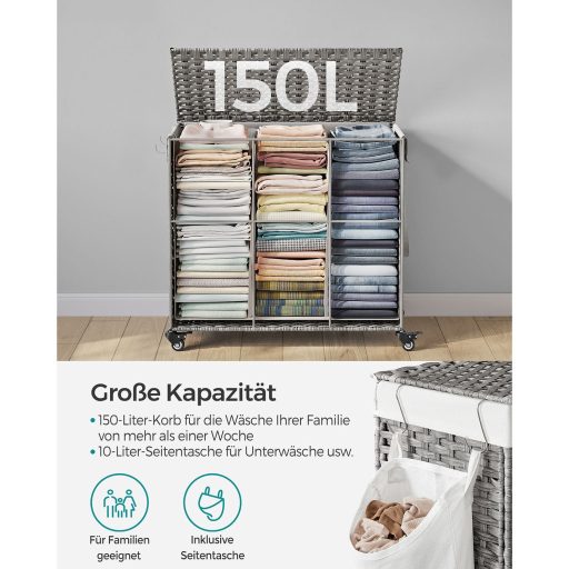 SONGMICS Szennyestartó Fedéllel, 160 L, Szennyestartó, 3 Rekesszel, Szennyesszortírozó