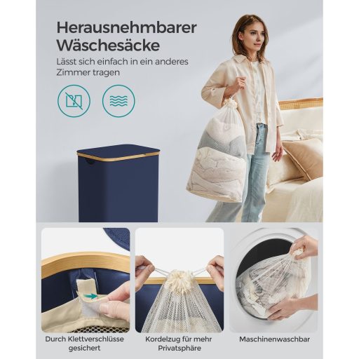 SONGMICS Szennyestartó Fedéllel, Nagy Szennyestartó Kosár, 90L, Kivehető Hálós Bélés,