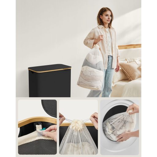 SONGMICS Szennyestartó Fedéllel, 2 Rekeszes Nagy Szennyestartó, 130L, Kivehető Hálós Bélés,