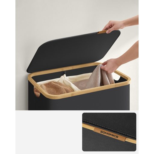 SONGMICS Szennyestartó Fedéllel, 2 Rekeszes Nagy Szennyestartó, 130L, Kivehető Hálós Bélés,