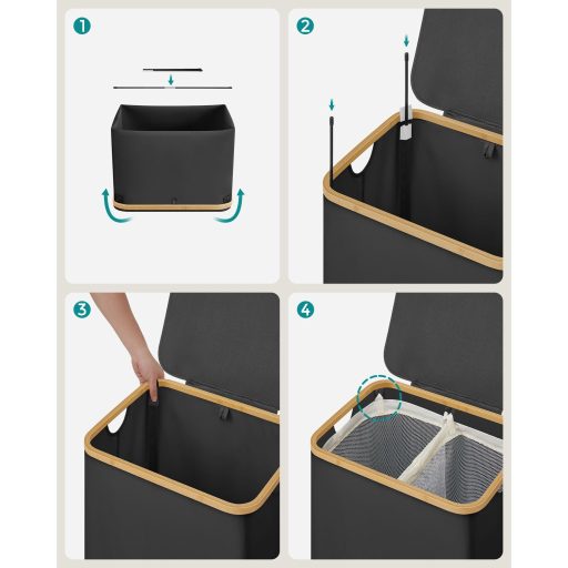 SONGMICS Szennyestartó Fedéllel, 2 Rekeszes Nagy Szennyestartó, 130L, Kivehető Hálós Bélés,