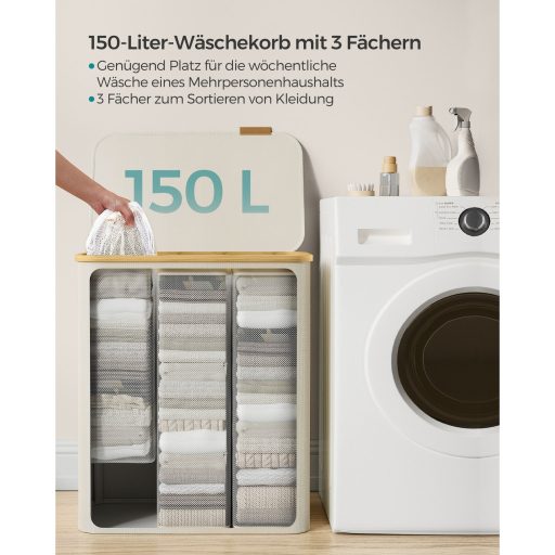 SONGMICS szennyestartó fedéllel, 3 rekeszes nagy szennyestartó, 52,8 gallon (150L), kivehető