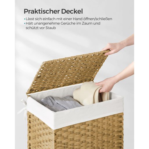 SONGMICS Kézzel Szőtt Szennyestartó Kosár, 90L Szintetikus Rattan Ruhás Kosár Fedéllel és