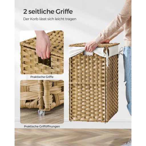 SONGMICS Kézzel Szőtt Szennyestartó Kosár, 90L Szintetikus Rattan Ruhás Kosár Fedéllel és