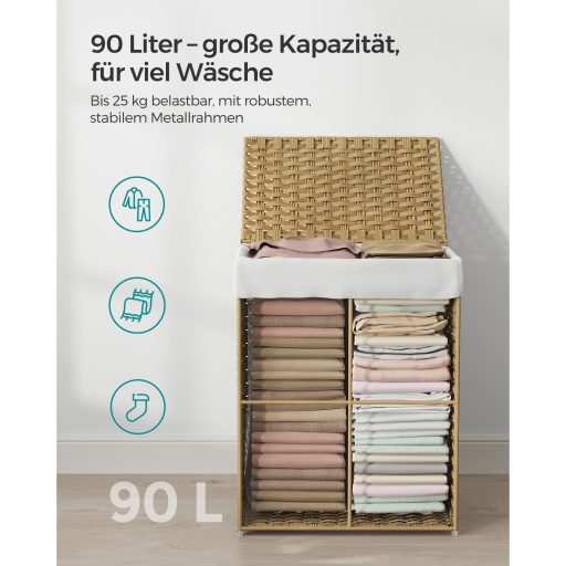 SONGMICS Kézzel Szőtt Szennyestartó Kosár, 90L Szintetikus Rattan Ruhás Kosár Fedéllel és